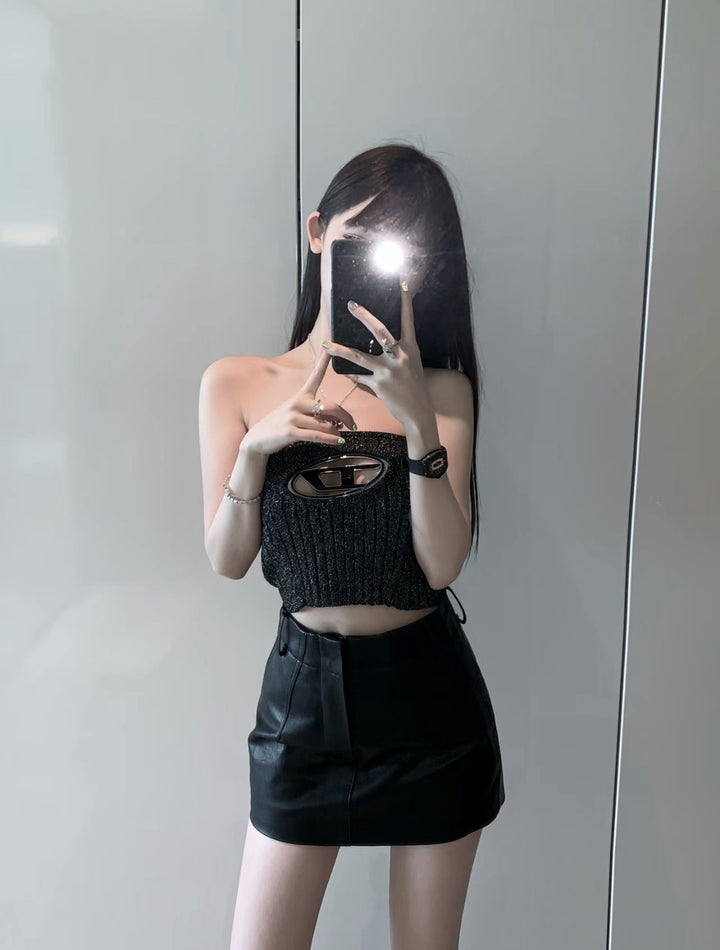 Metal Hollow Iron Knitted Black Tube Top Vest Slim Outer Wear Design Sense Female Summer