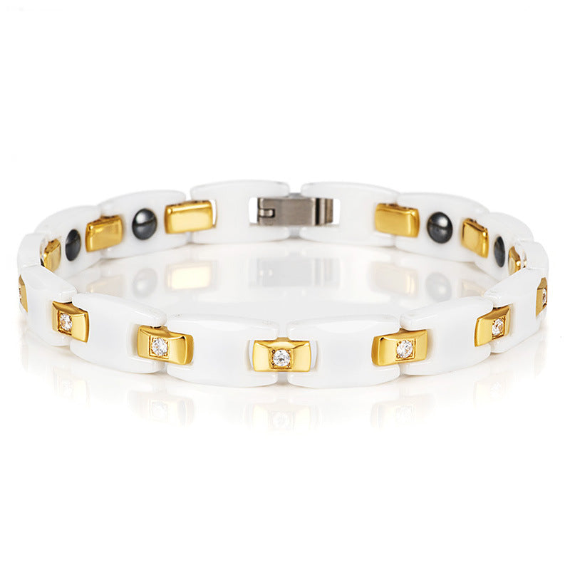 White Ceramic Inlaid Rhinestone Gold Couple Ochre Bracelet