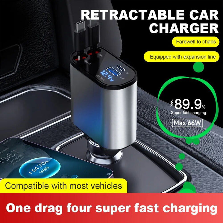 4-in-1 USB Car Fast Charger with PD QC3.0 & Digital Display