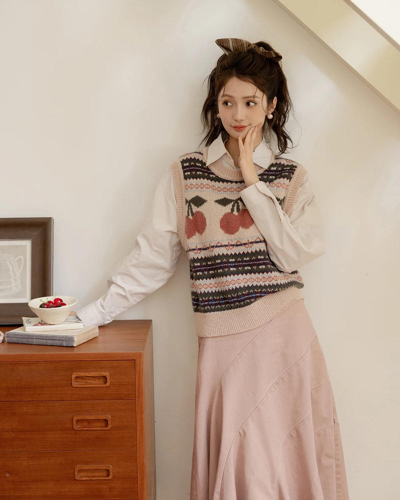 Ärmellose Strickweste im Vintage-Stil mit Kirschjacquard-Muster