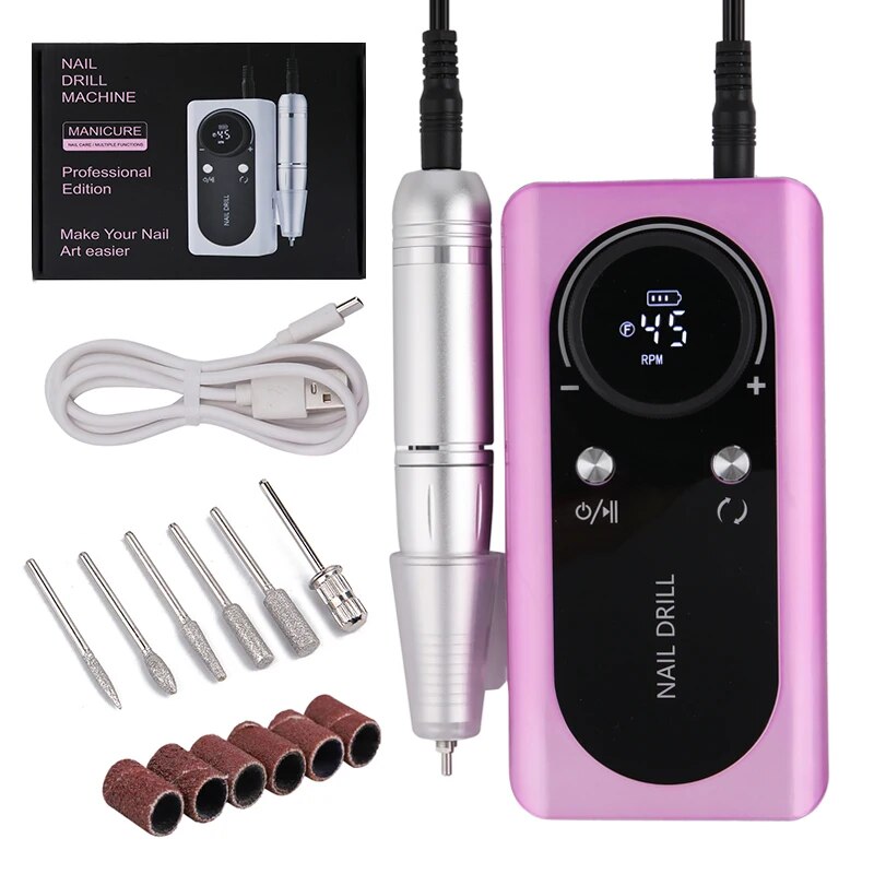 High-Speed 45000RPM Rechargeable Electric Nail Drill Machine with LCD Display for Manicure and Polishing