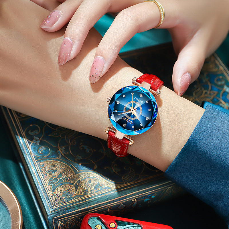 Starry Diamond Face Bright Polygonal Glass Solid Stainless Steel Strap Women's Waterproof Watch