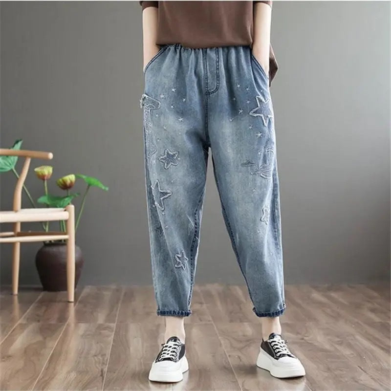 Large Size Elastic Waist Retro Do Old Casual Nine Point Pants