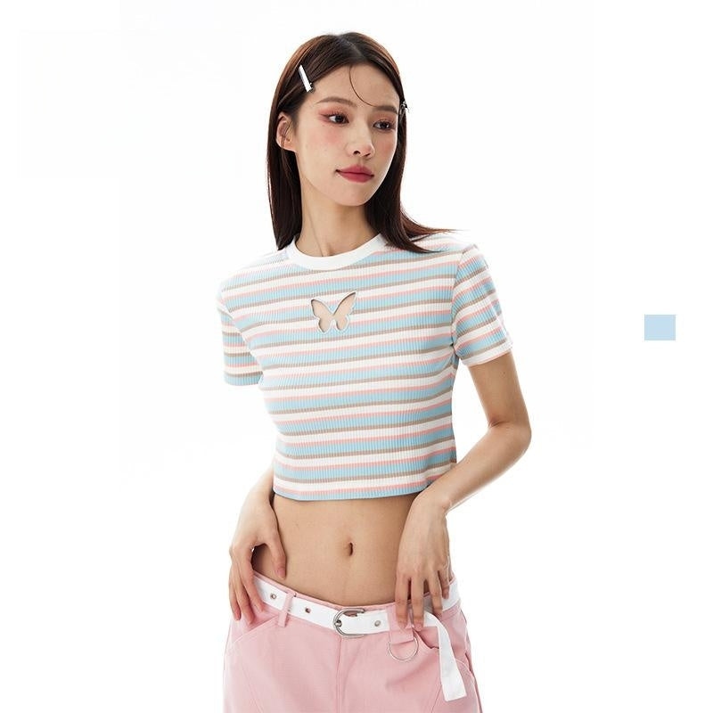Slimming Special-interest Fashion Brand Striped Short Sleeve Butterfly Design Short T-shirt
