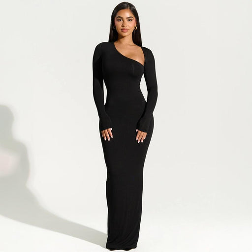 black asymmetrical slit maxi dress, view 2 - MRSLM