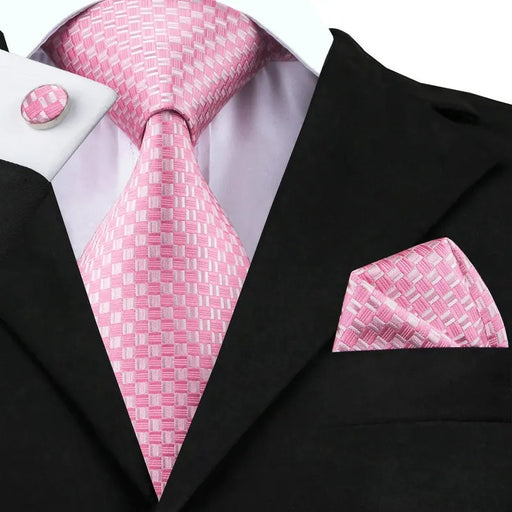 pink and white plaid silk tie set for men - MRSLM