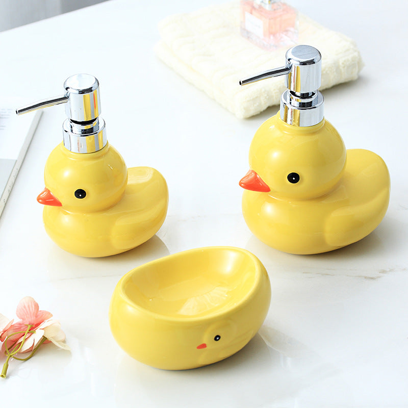 yellow duck ceramic soap dispenser with dish, view 2 - MRSLM