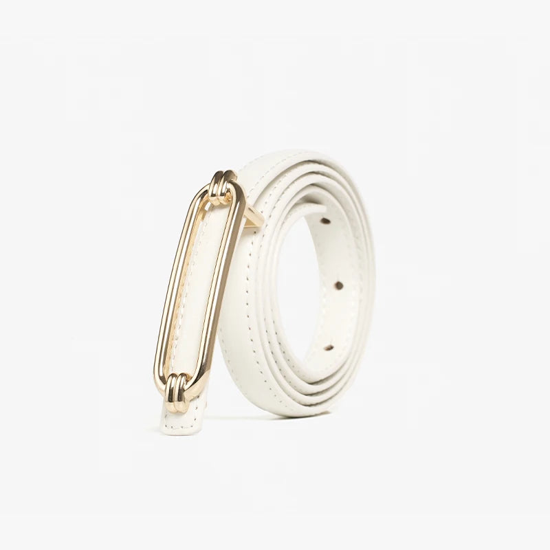 women's skinny leather belt with gold buckle, view 2 - MRSLM