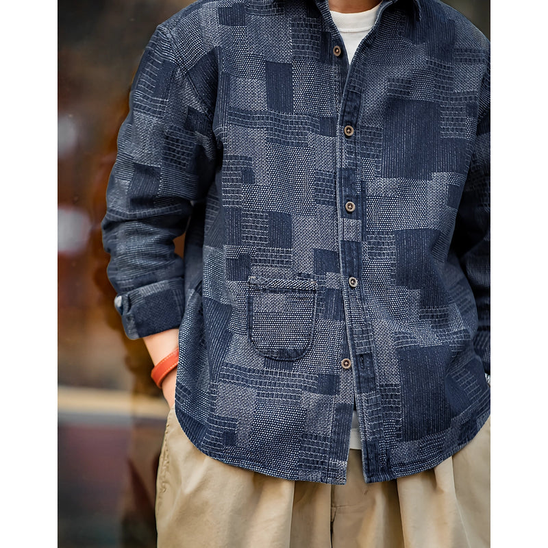 men's retro denim patchwork shirt, view 4 - MRSLM