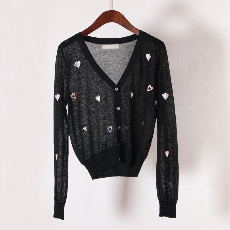 New Embroidered V-neck Ice Silk Knitted Cardigan Women's Coat