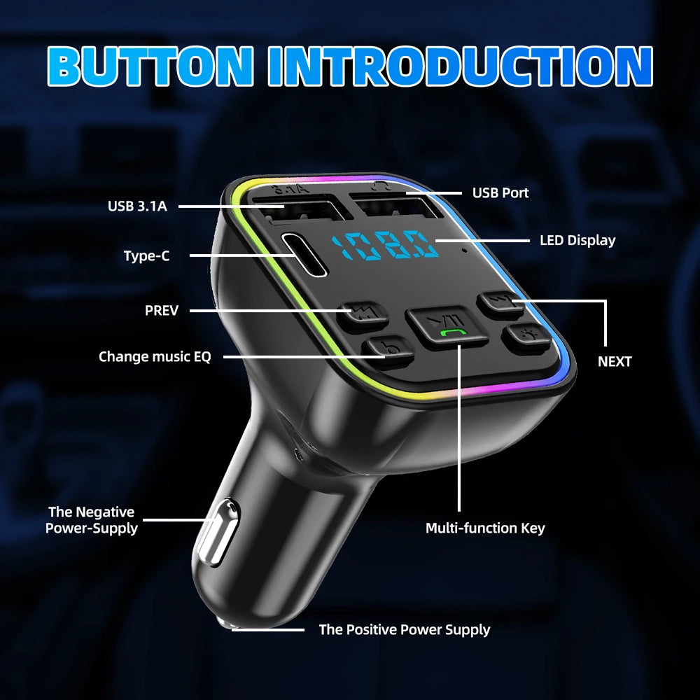 Bluetooth 5.0 Car FM Transmitter with PD & Dual USB Fast Charger