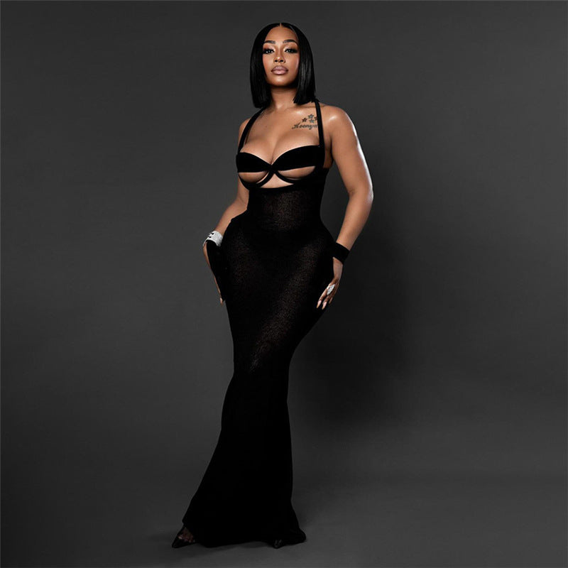 Deep V strap hollow slim fit dress - MRSLM