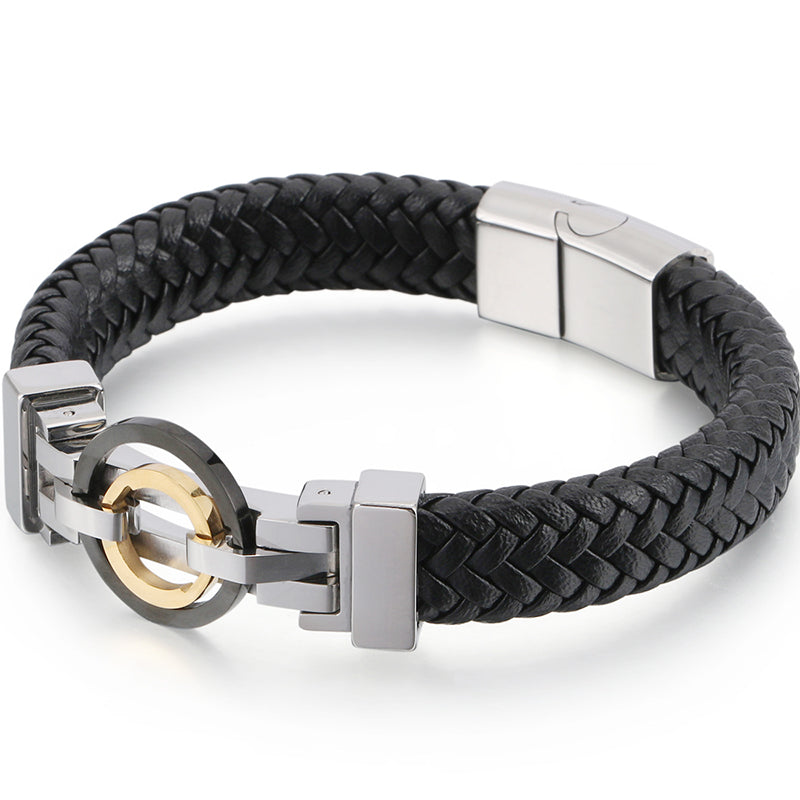 Stainless Steel Vintage Men's Titanium Leather Bracelet