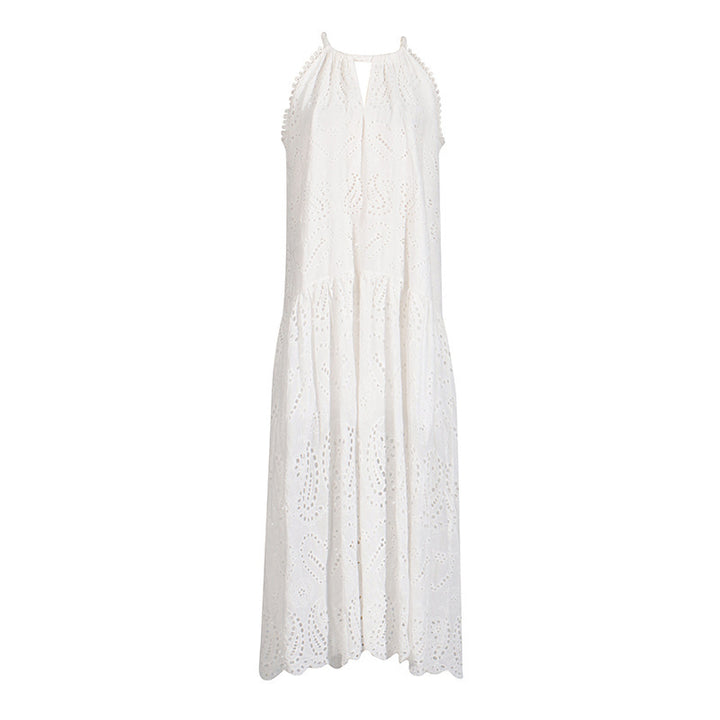 Embroidered V-neck Halter Lace-up Sleeveless Dress