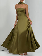strapless satin maxi dress, view 5 - MRSLM