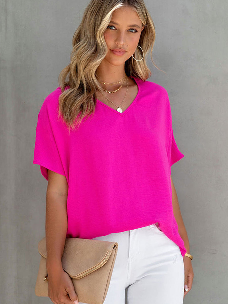 Leisure All-matching Solid Color T-shirt Loose Pullover V-neck Short-sleeved Top