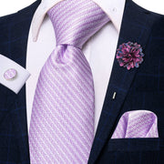 striped lilac silk necktie set for men, view 2 - MRSLM