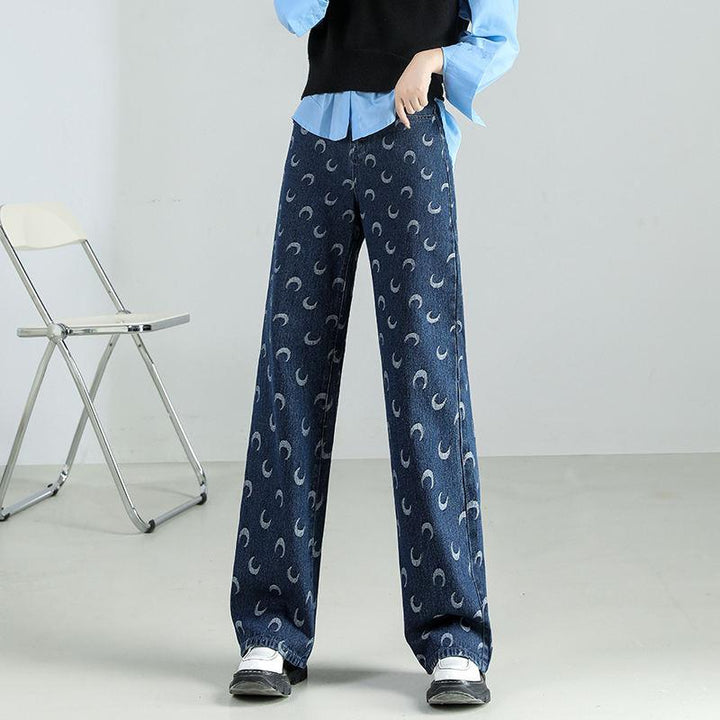 Women's High-Waist Moon Print Baggy Jeans: Casual Vintage-Inspired Denim