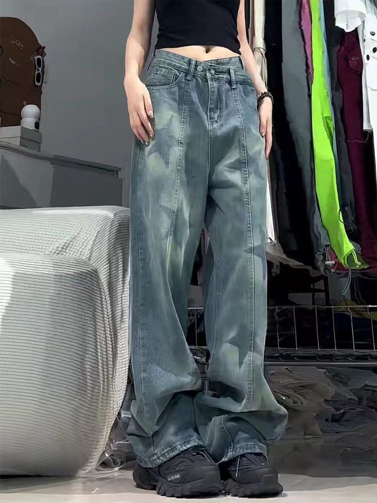 Damen-Jeans mit Print, unregelmäßigem Schnitt, hohem Bund und weitem Bein