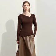 asymmetrical diagonal v-neck slim sweater, view 6 - MRSLM