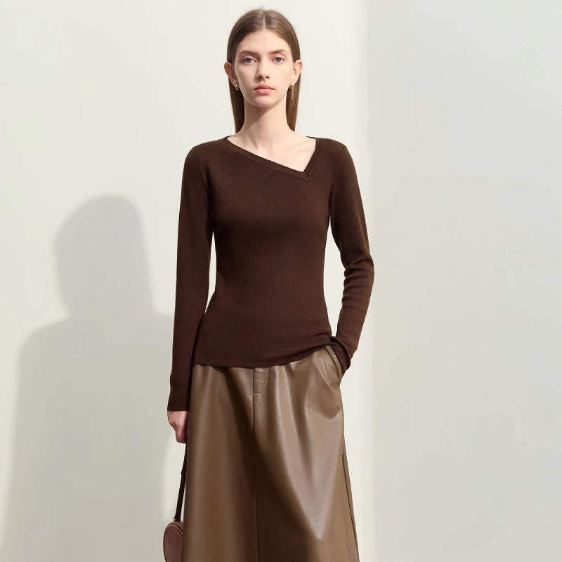 asymmetrical diagonal v-neck slim sweater, view 6 - MRSLM