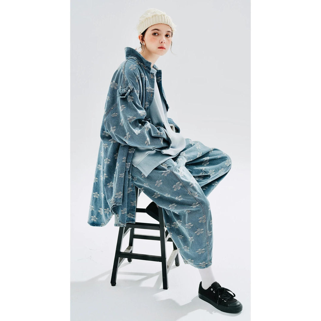 Autumn Floral Jacquard Denim Long Shirt Coat with Shawl Collar