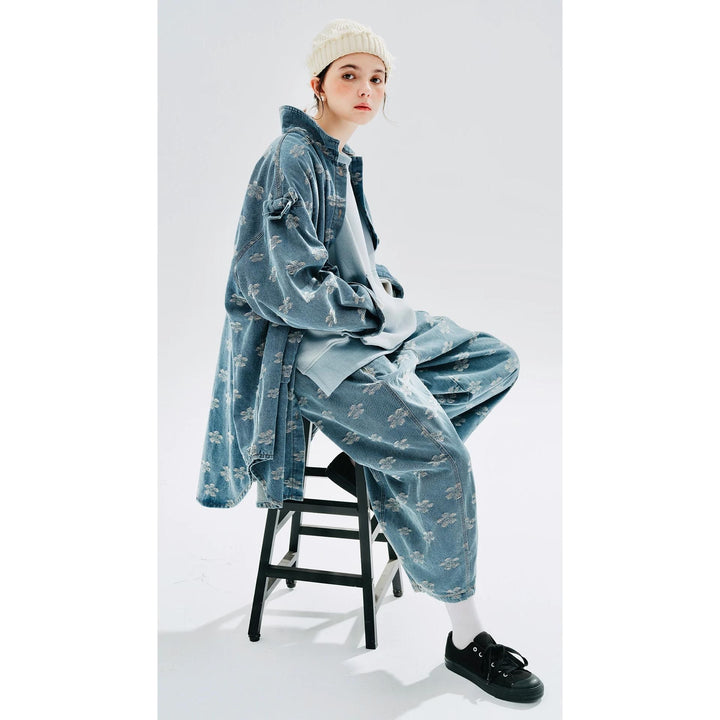 Autumn Floral Jacquard Denim Long Shirt Coat with Shawl Collar