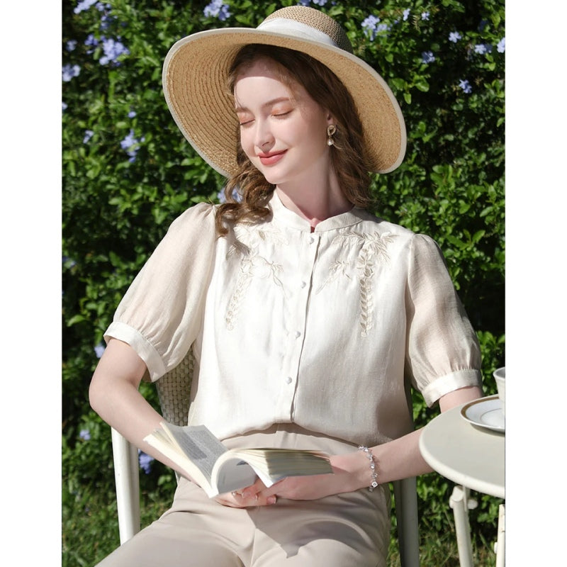 Elegante Bluse im chinesischen Stil aus Seidenmischung mit Puffärmeln