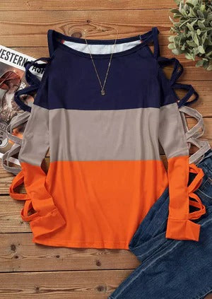 women's cross sleeve color contrast fitted top, view 5 - MRSLM