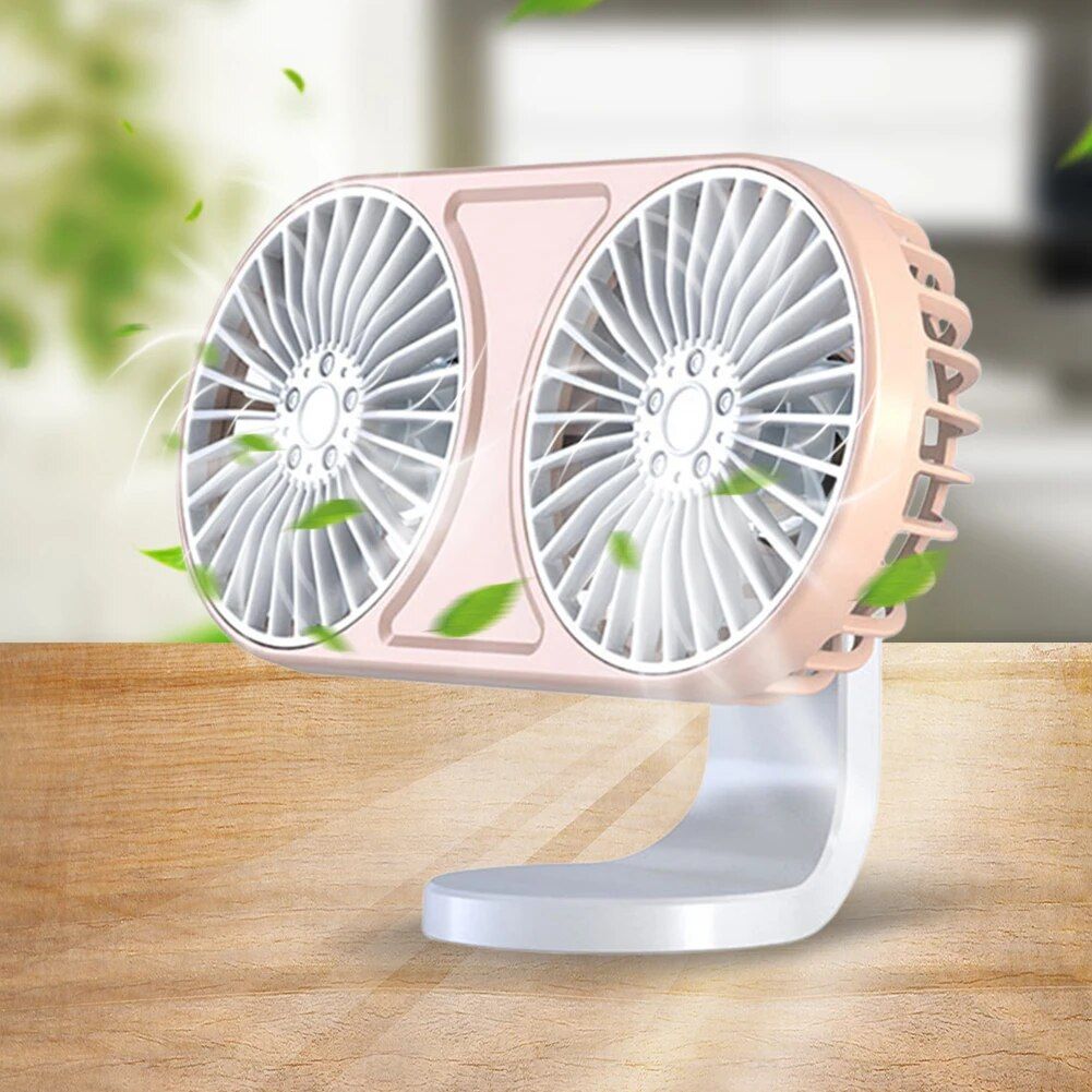 360° Rotating Dual-Head USB Car Fan with Ambient Lighting