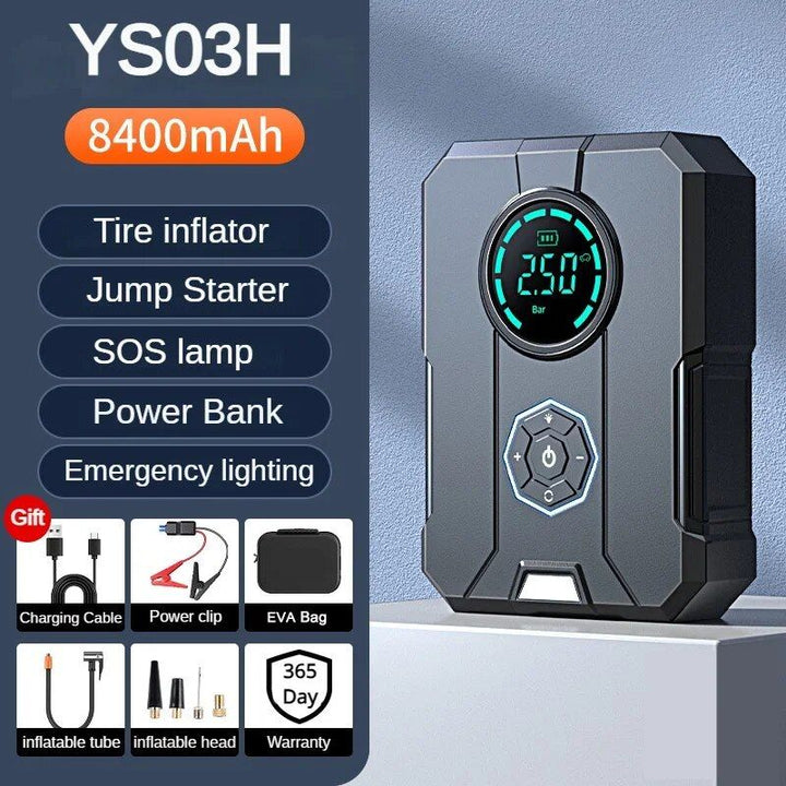 4-in-1 Car Jump Starter with Portable Air Compressor, Power Bank & Emergency Lighting