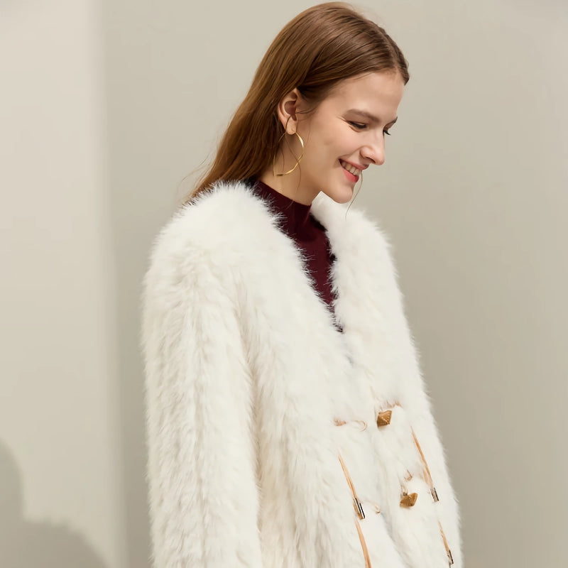 elegant loose faux fur v-neck coat, view 4 - MRSLM