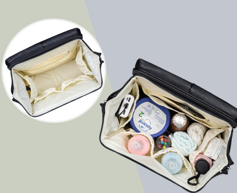 Mochila dobrável multifuncional para mãe e bebê, ideal para berço.