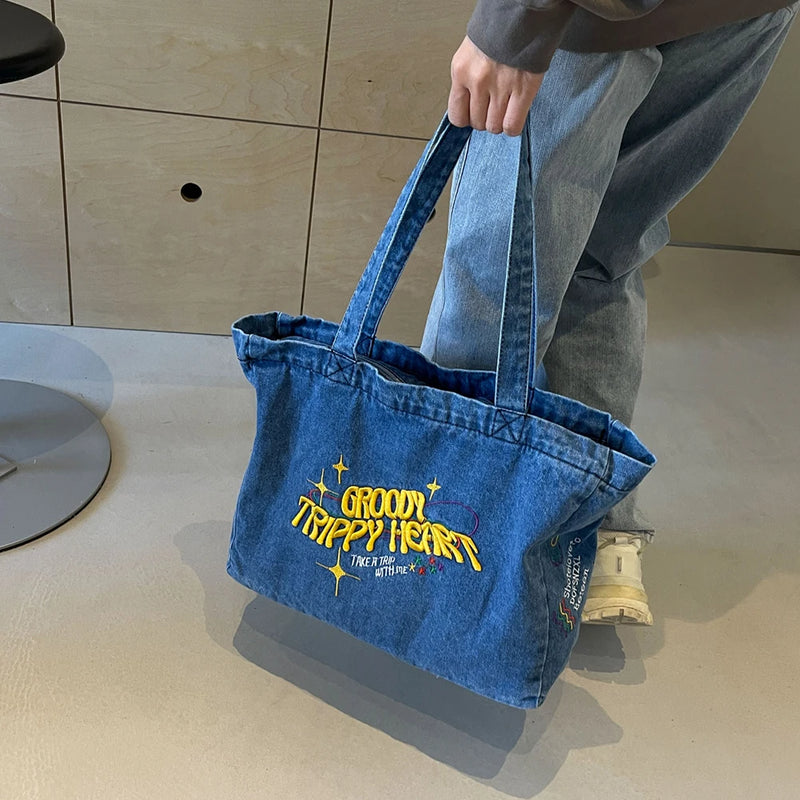 embroidered denim shoulder bag, view 2 - MRSLM