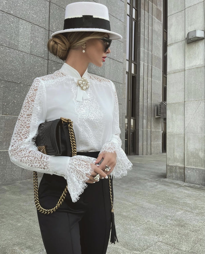 Women's Long Sleeve Lace Top Solid Color Shirt