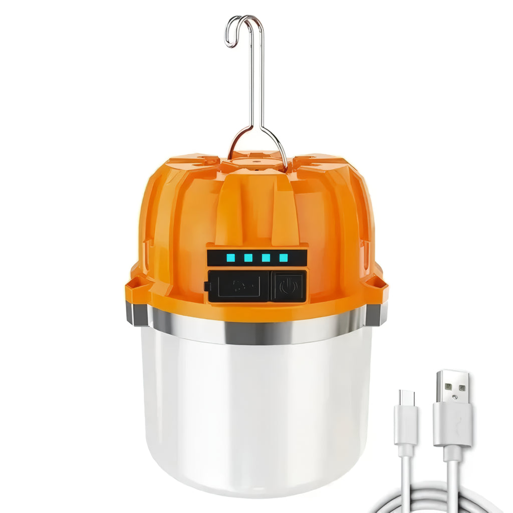 Lanterna de acampamento LED recarregável via USB com bateria integrada.