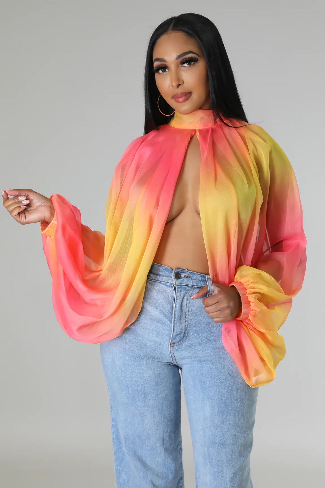 Sexy Loose Translucent Long-sleeved Printed Top