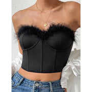 furry trim corset tube top, view 4 - MRSLM