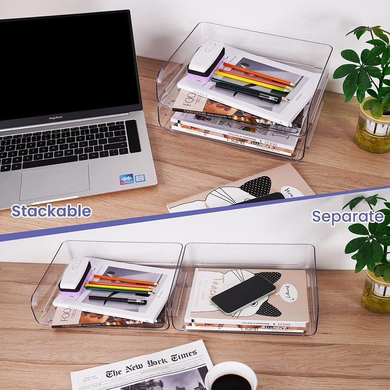 Organizador de mesa transparente e empilhável para materiais de escritório.