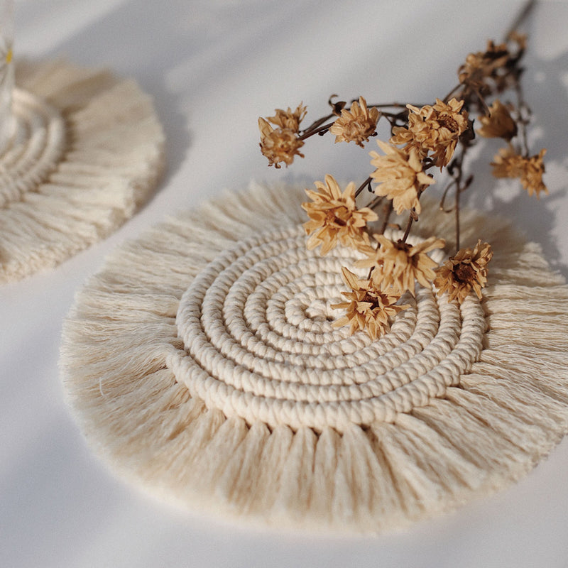 handmade macrame cotton coasters, view 2 - MRSLM