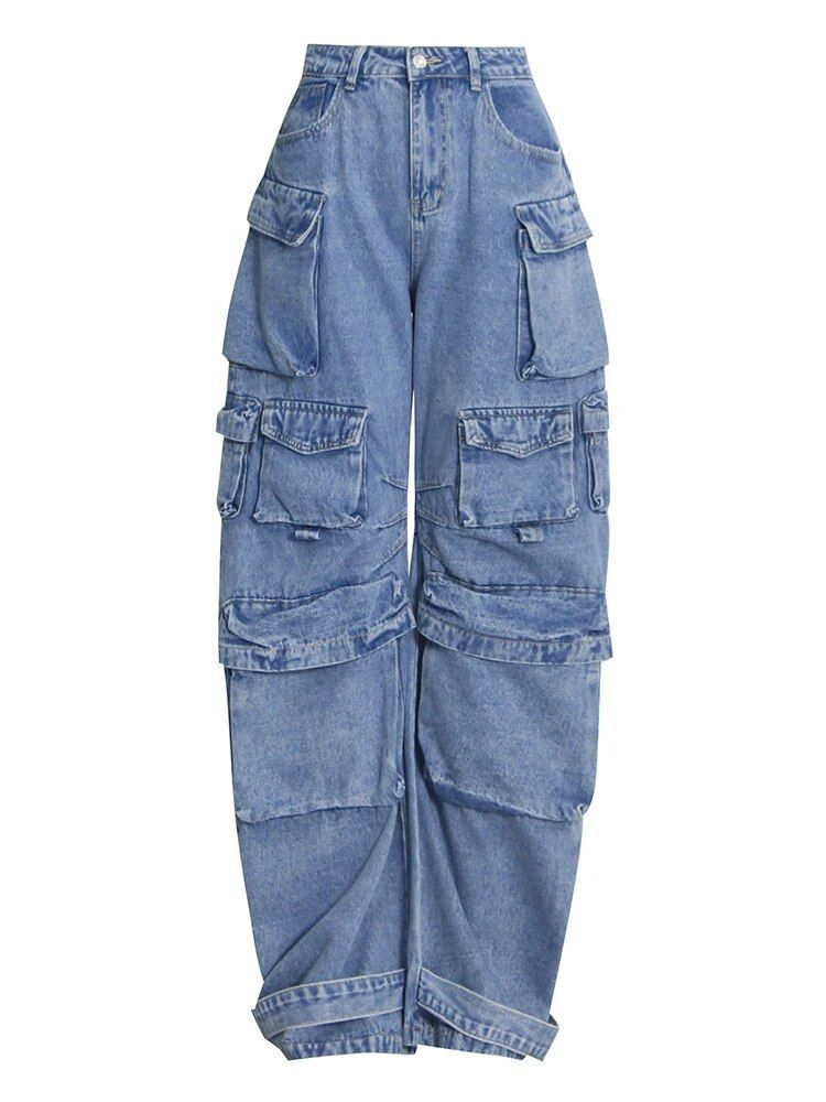 Calça jeans casual camuflada de cintura alta