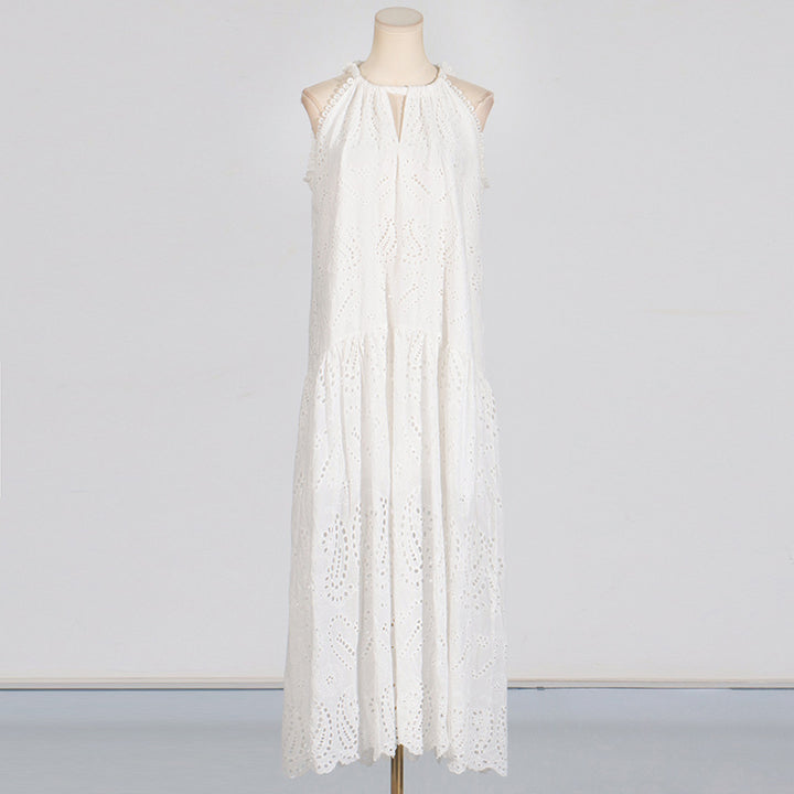 Embroidered V-neck Halter Lace-up Sleeveless Dress