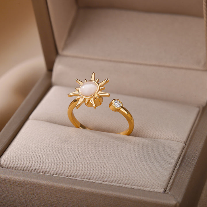 Adjustable Stainless Steel Opal Sun Ring – Trendy Geometric Charm for Women