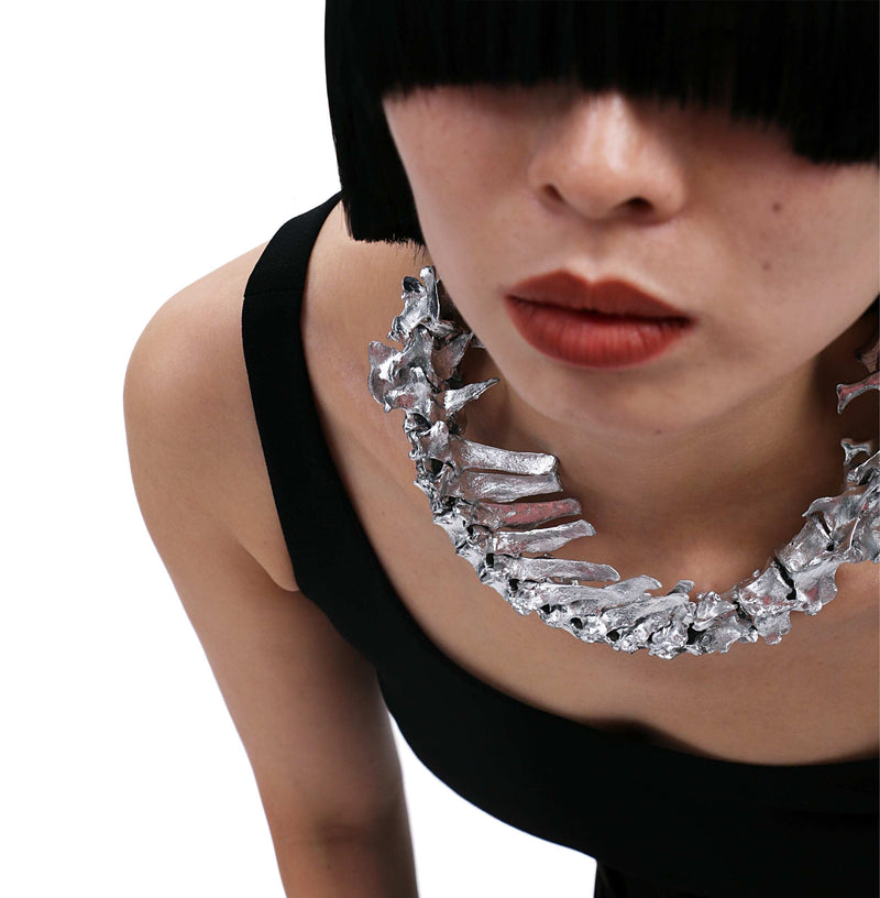 punk bone chain silver couple necklace, view 3 - MRSLM