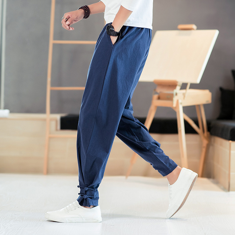 Pantalones de harén con cordón de color sólido suelto de lino vintage para hombre