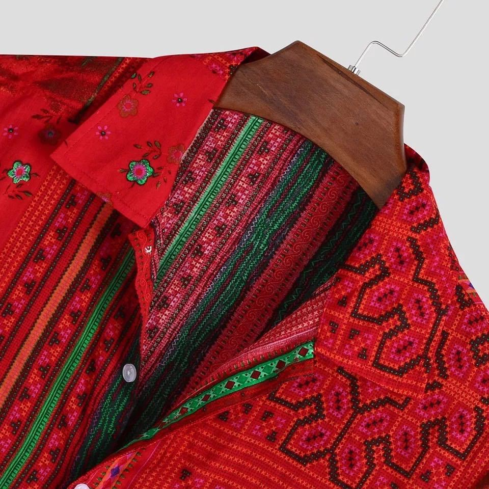 Chemises décontractées amples de style ethnique à manches courtes imprimées rouges pour hommes