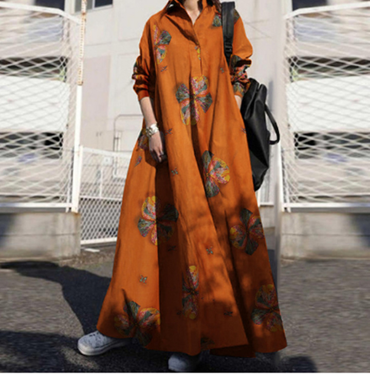Women Floral Printing V-Neck Long Sleeve Button Holiday Casual Maxi Shirt Dress
