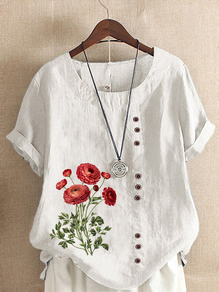 Fleur Broderie O-Neck Manches Courtes Bouton T-Shirts Décontractés pour Femmes 