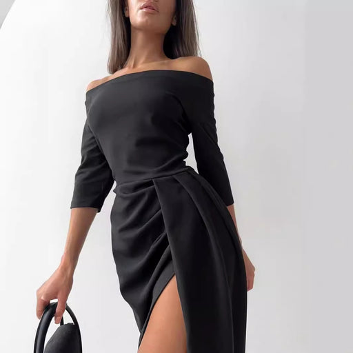 women's off-neck long sleeve waist slit dress - MRSLM
