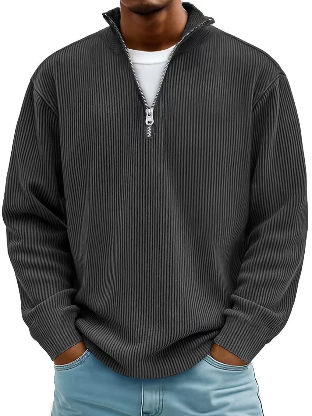 Corduroy Zipper Stand Collar Sweatshirt Fashion Warm Solid Color Long Sleeve Top Men&